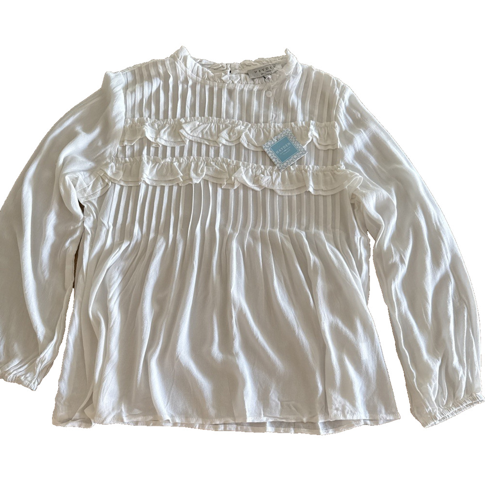 NWT Hayden Los Angeles Blouse Womes Large Ruffled Pleated Neck Long Sleeve White